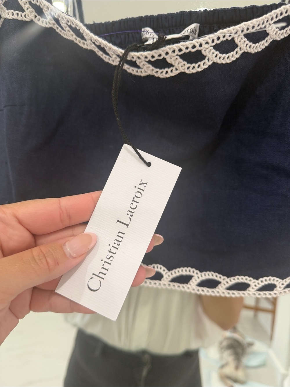 Christian Lacroix Navy Linen Blend Cropped Top with White Crochet Trim - Picture 3 of 6